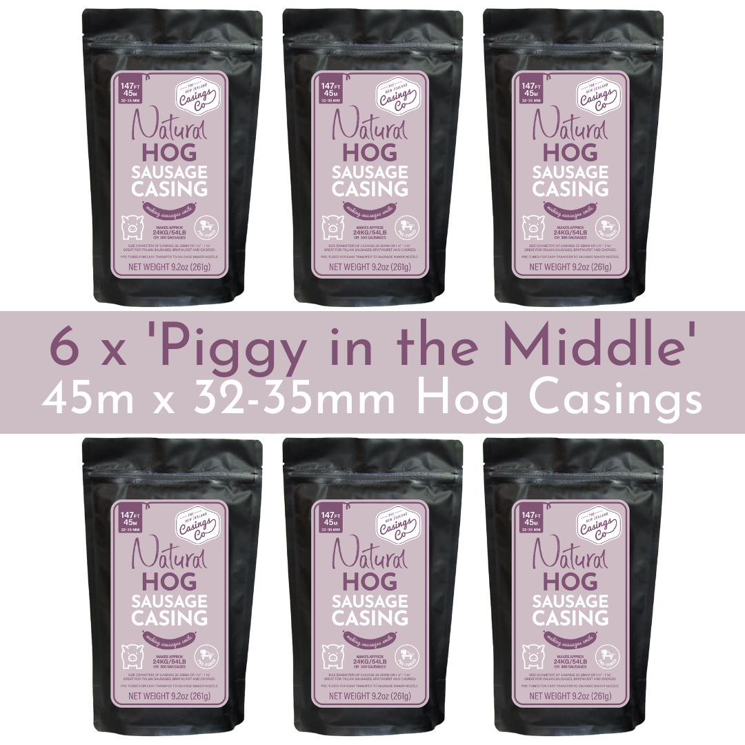 6 Pack - &#39;Piggy in the Middle&#39; - Natural Hog Casings 32-35mm, 45m