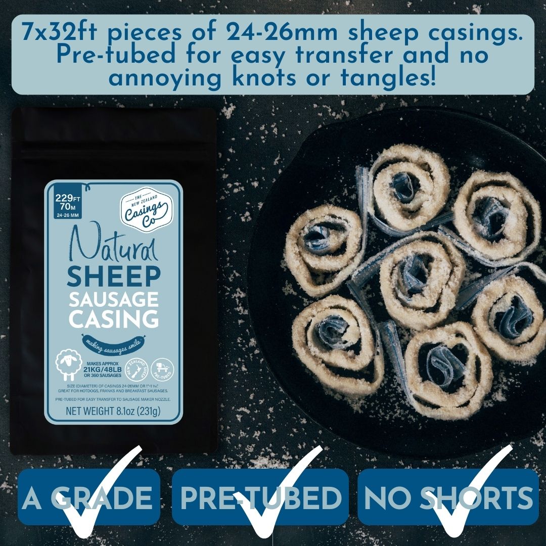 6 Pack - &#39;The Butchers Accomplice&#39; Natural Sheep Casings 24-26mm, 70m.