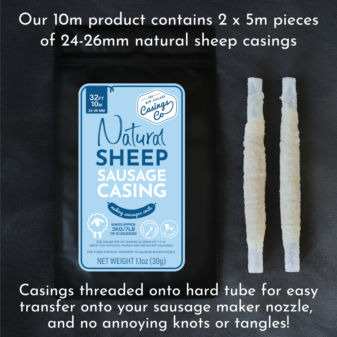 6 Pack - &#39;Sizzle &amp; Pop&#39; Natural Sheep Casings 24-26mm, 10m.