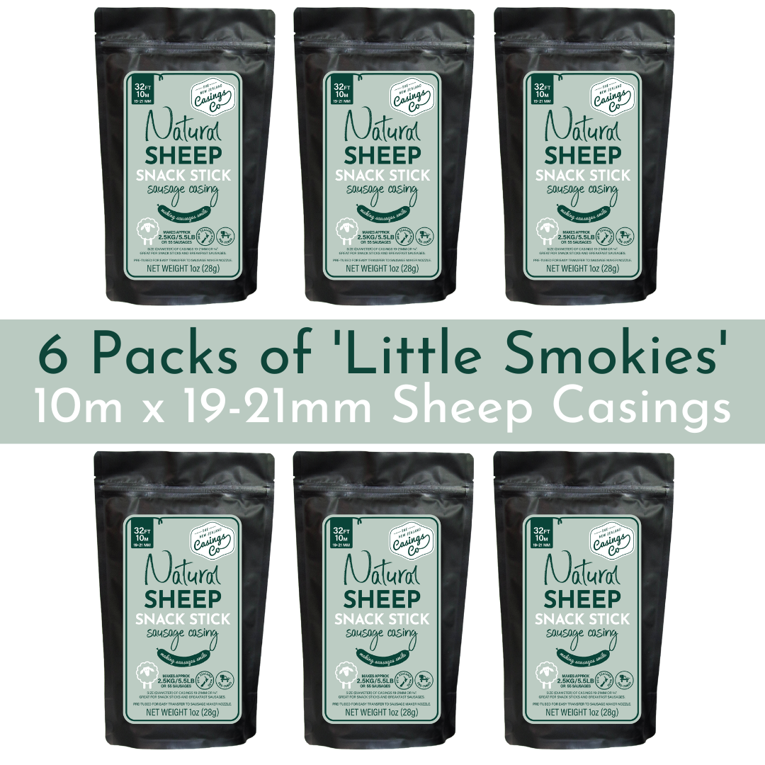 6 Pack - &#39;Little Smokies&#39; Natural Sheep Casings 19-21mm, 10m.