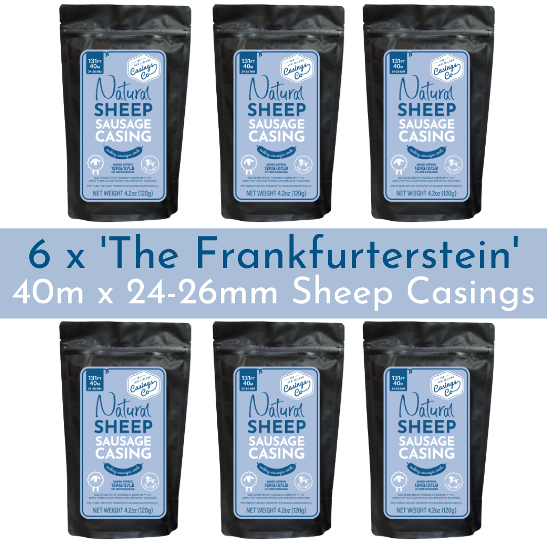 6 Pack - &#39;The Frankfurterstein&#39; Natural Sheep Casings 24-26mm, 40m.