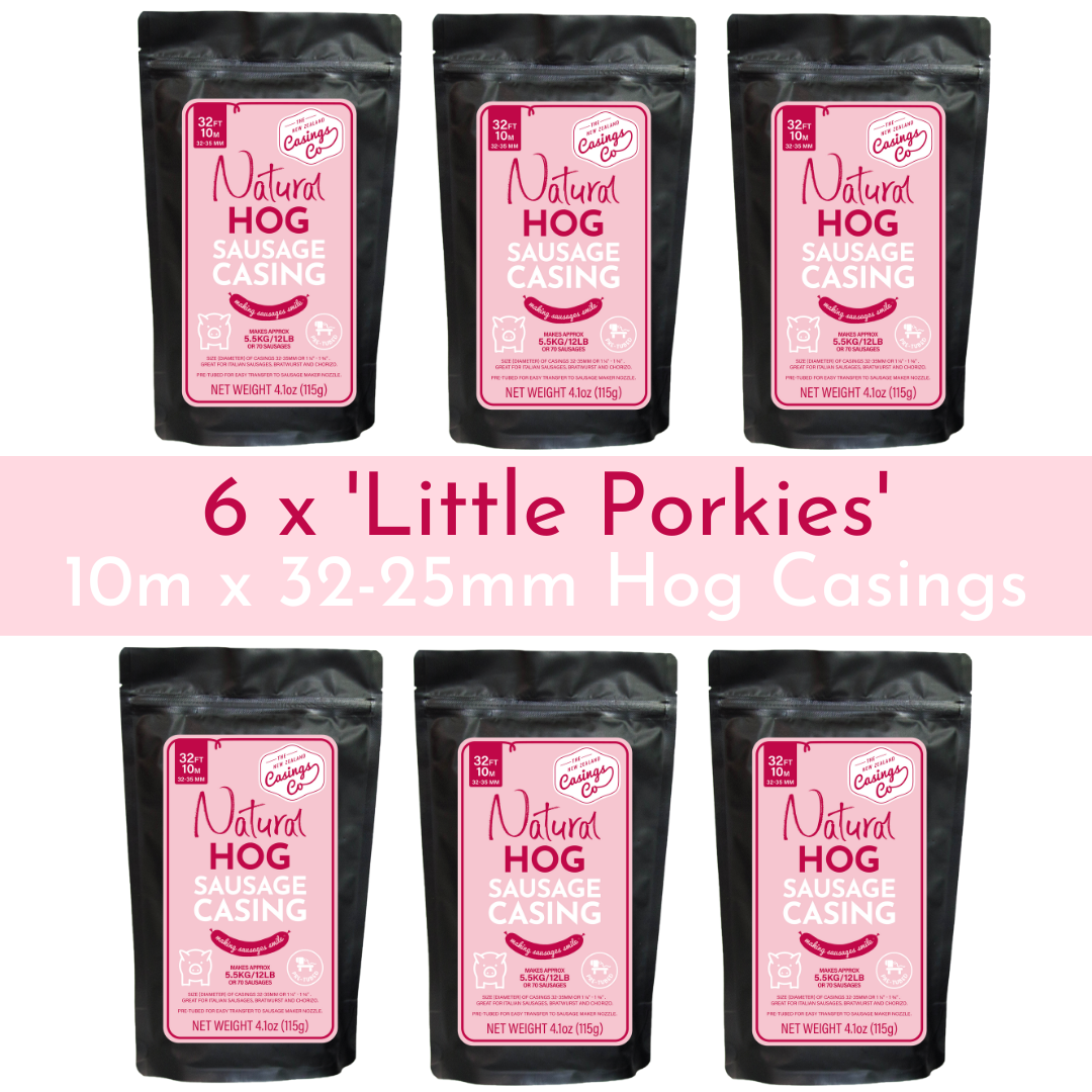 6 Pack - &#39;Little Porkies&#39; - Natural Hog Casings 32-35mm, 10m