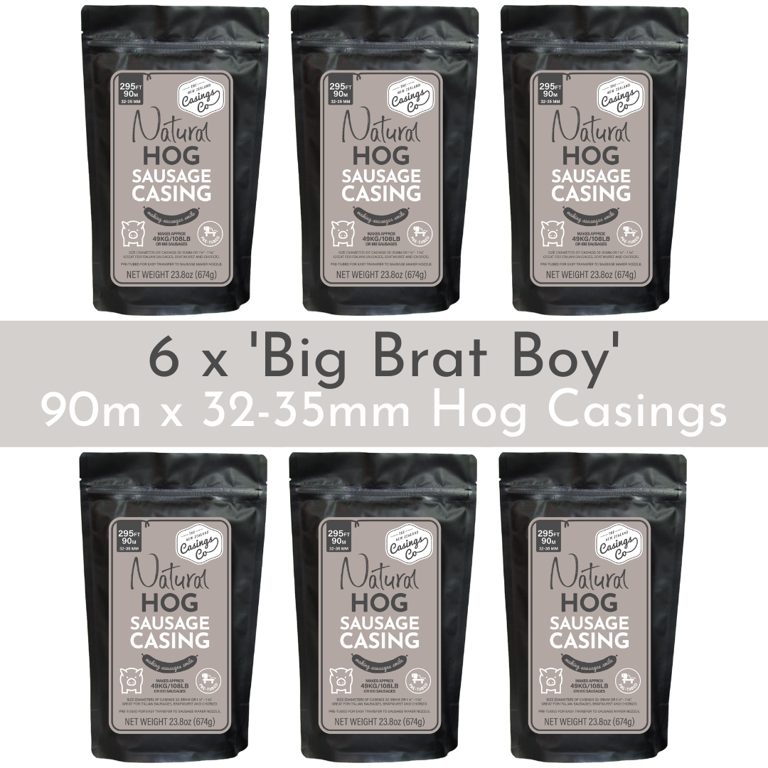 6 Pack - &#39;Big Brat Boy&#39; - Natural Hog Casings 32-35mm, 90m