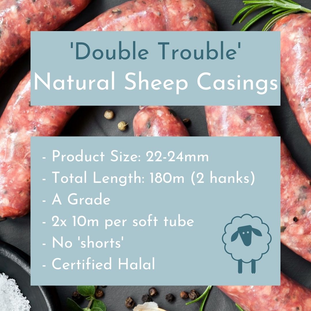 &#39;Double Trouble&#39; - Natural Sheep Casings 22/24mm 180m. 2x 10m strands per tube